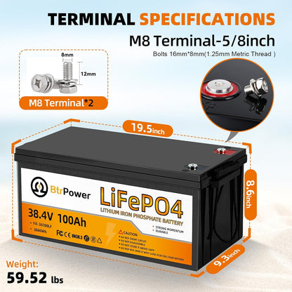 36V 100Ah LiFePO4 Battery, Built-in 100A BMS,3840Wh Lithium Battery,4000-15000 Deep Cycles & 10-Year Lifetime, Perfect for Marine, RV, Marine, Trolling Motor, Solar Off-Grid System
