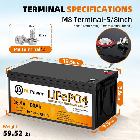36V 100Ah LiFePO4 Battery, Built-in 100A BMS,3840Wh Lithium Battery,4000-15000 Deep Cycles & 10-Year Lifetime, Perfect for Marine, RV, Marine, Trolling Motor, Solar Off-Grid System