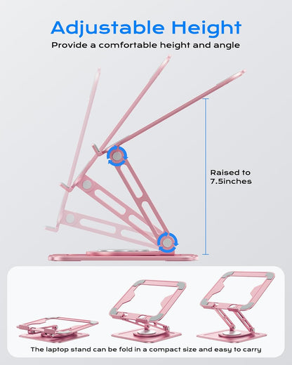Adjustable Laptop Stand, Computer Stand with 360 Rotating Base, Ergonomic Laptop Riser Mount for Desk Foldable Protable Computer Desk Fits with MacBook Pro Air (10-16") - Pink