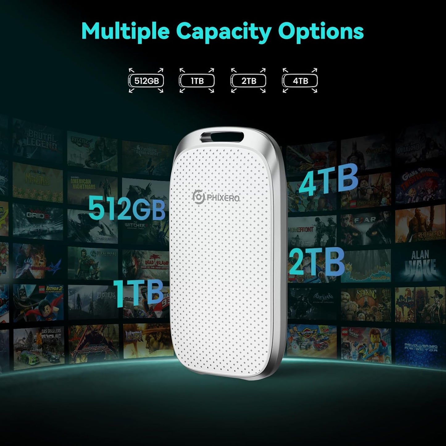 PHIXERO 2TB Portable SSD, Type-C Interface, Up to 450Gbps, Built-in mSTAT SSD for Ultra-Fast Data Transfer,White