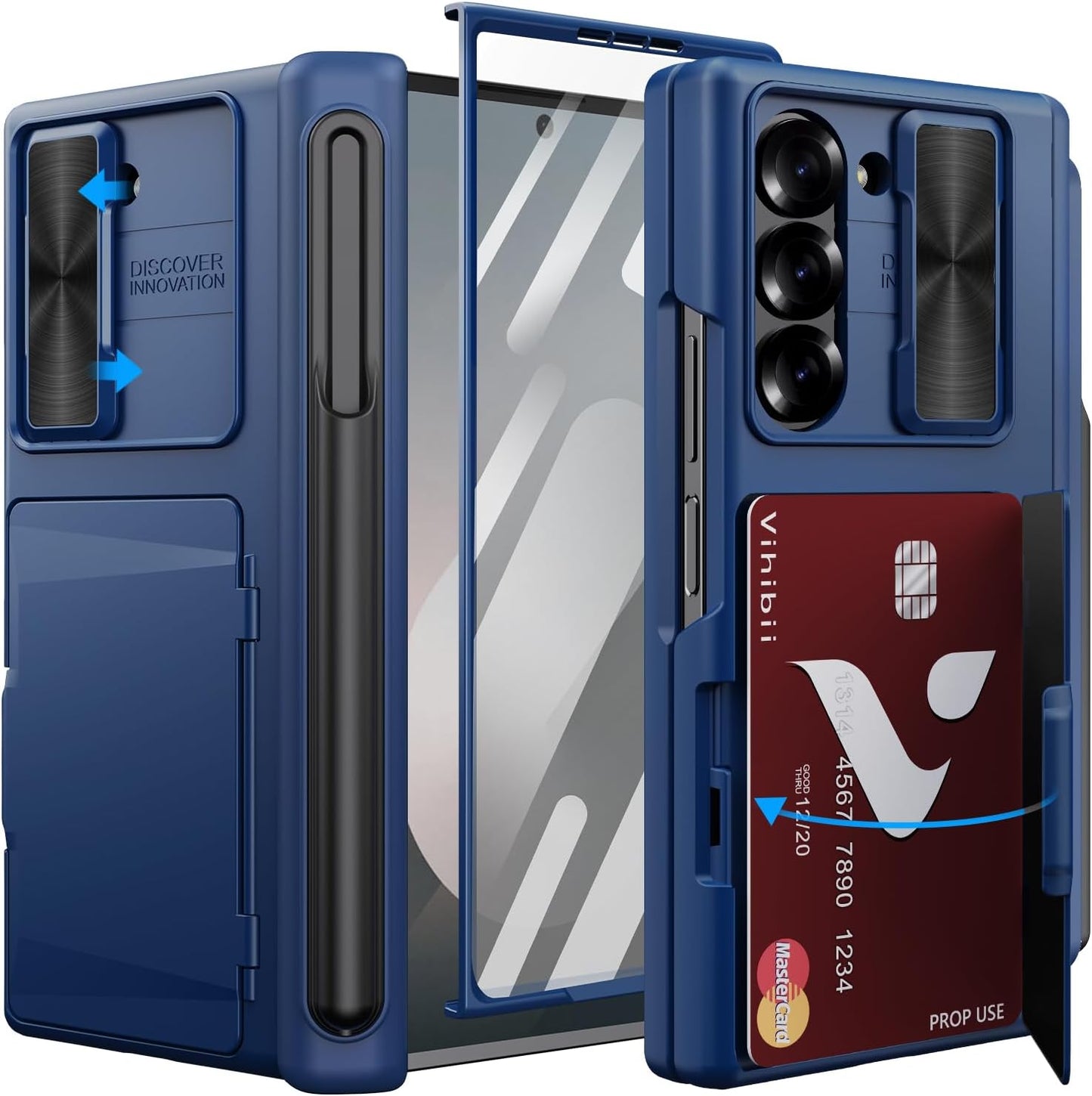 Vihibii for Samsung Galaxy Z Fold 6 Case Wallet with S Pen Holder & Card Holder & Slide Lens Cover & Screen Protector & Hinge Protection, Durable Rugged Protective Phone Case for Galaxy Z Fold6, Blue