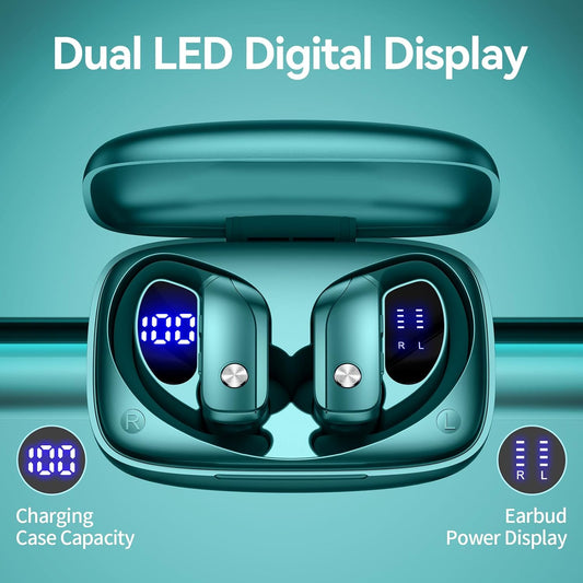 bmani Wireless Earbuds Bluetooth Headphones 48hrs Play Back Sport Earphones with LED Display Over-Ear Buds with Earhooks Built-in Mic Headset for Workout Green