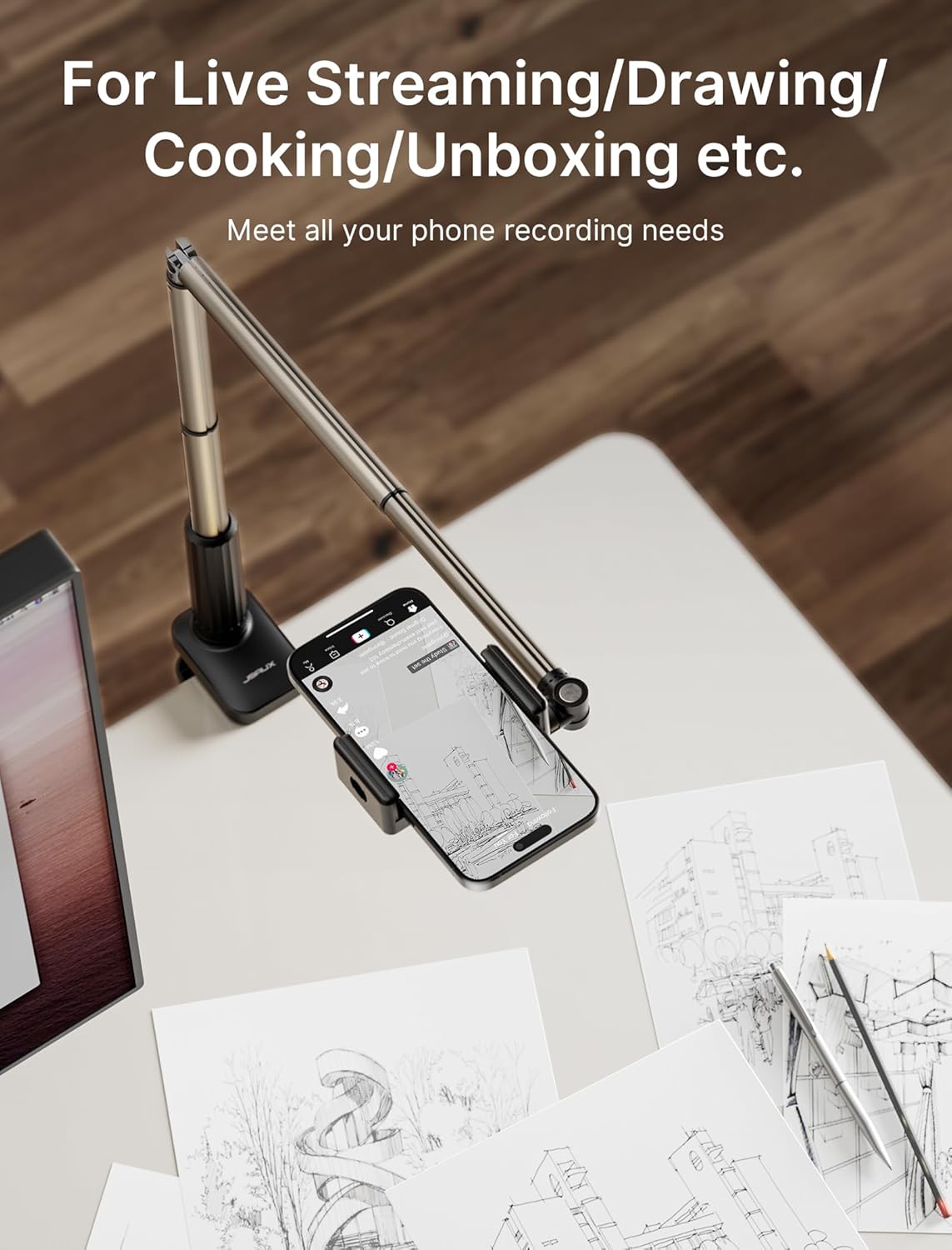 JSAUX Phone Holder for Desk and Bed Compatible with iPhone 16 15 14 13 12 Overhead Phone Mount Gooseneck Phone Stand Flexible 360 Lazy Long Arm Clamp Clip for Table Bedside [1-Pack, Black]