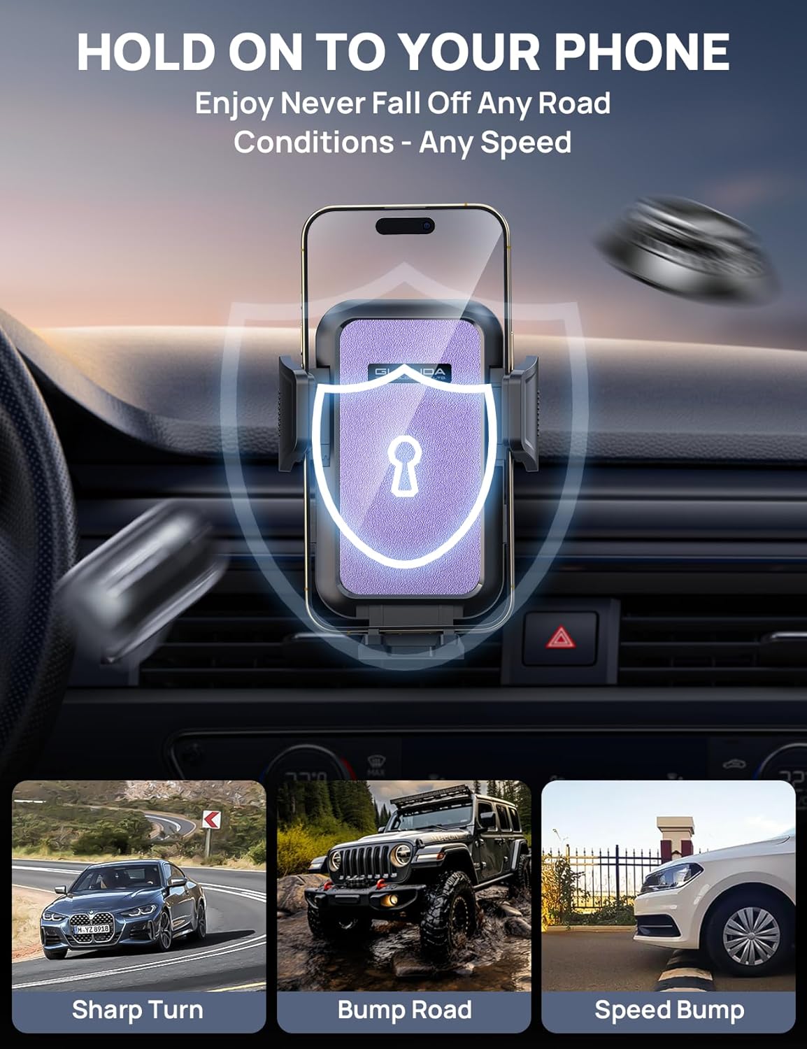 [2025 New] Dashboard Phone Holders for Your Car (+Air Vent Clip) [Military Grade Stable] , Car Cell Phone Holder, Rotatable Suction Cup Car Phone Mount for All Phone (Light Purple)