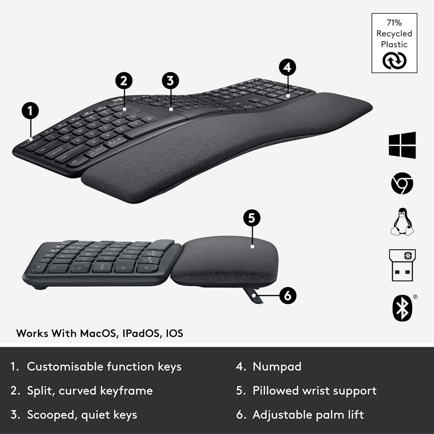 Logitech ERGO K860 Wireless Ergonomic Keyboard - Split Keyboard, Wrist Rest, Natural Typing, Stain-Resistant Fabric, Bluetooth and USB Connectivity, Compatible with Windows/Mac, Black