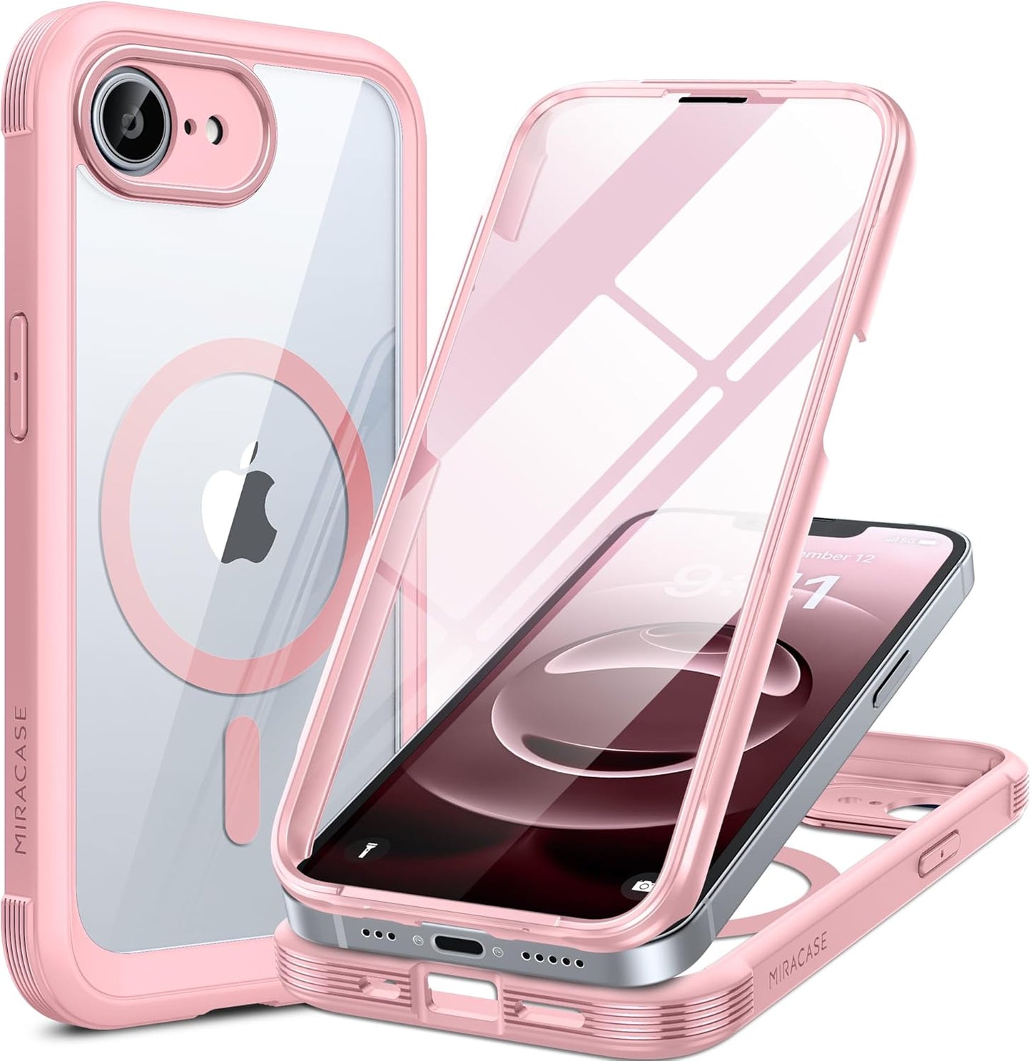 Miracase Magnetic for iPhone 16e Case Full-Body Phone with Built-in Glass Screen Protector, [Compatible with MagSafe] Military Drop Proof 16E Cover Bumper 6.1 inch, Pink