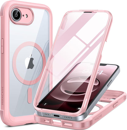 Miracase Magnetic for iPhone 16e Case Full-Body Phone with Built-in Glass Screen Protector, [Compatible with MagSafe] Military Drop Proof 16E Cover Bumper 6.1 inch, Pink