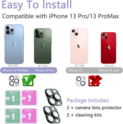 2 Pack Camera Lens Protector for iPhone 13 Pro/iPhone 13 Pro Max,[Not Easy to Breakn ] AR Tempered Glass Strong Adsorption Metal Camera Cover Screen-Dark Green