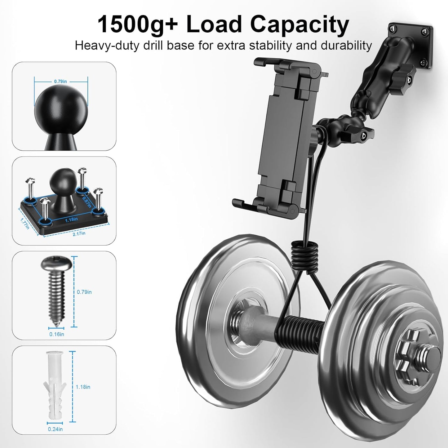 PLDHPRO Tablet Mount for Truck, Heavy Duty Drill Base Tablet Holder for Car Dashboard, Adjustable 2-Stage Stand Compatible with iPad, Galaxy Tab/Z Fold, 5.1-15.6'' Phone Tab for Wall, Vehicle, Boat