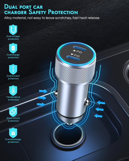 iPhone 16 Car Charger,2Pack Dual Port USB C Fast Car Charger Type C Rapid Charging Adapter with 2Pack USB C to C Nylon Braid Cable Woven Cord Fast Charging for iPhone 16/16 Pro/15/15 Pro Max/iPad