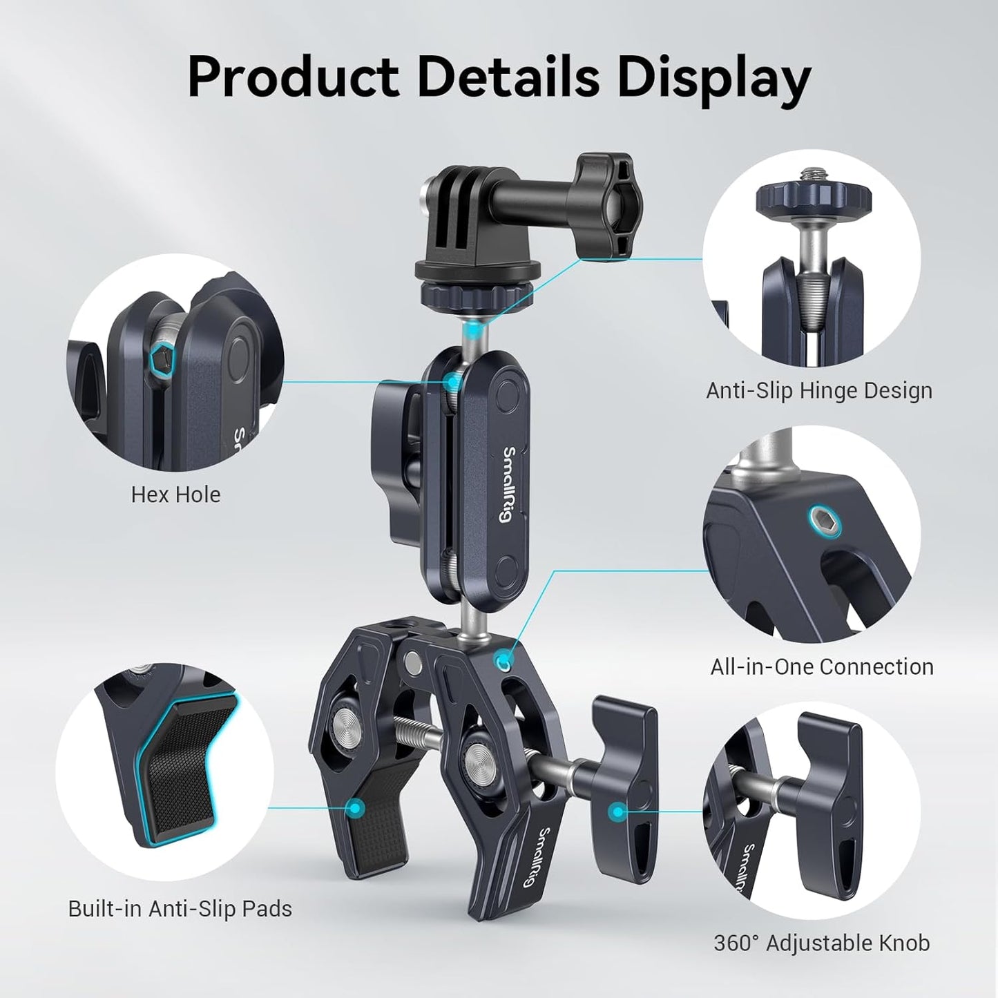 SMALLRIG Camera Mount Clamp, Ballhead Magic Arm and Adapter for Gopro, Camera Monitor Mount with 1/4"-20, 3/8"-16 Threaded Holes, Super Clamp for Gopro/DSLR/Stabilizer