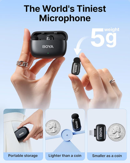 BOYA mini Wireless Microphone for iPhone/Android/PC/Tablets with USB C/Lightning Plug, MFi Certified, Noise Reduction, AI Voice Changer, 30H Battery Life with Charging Case for Video Recording Podcast