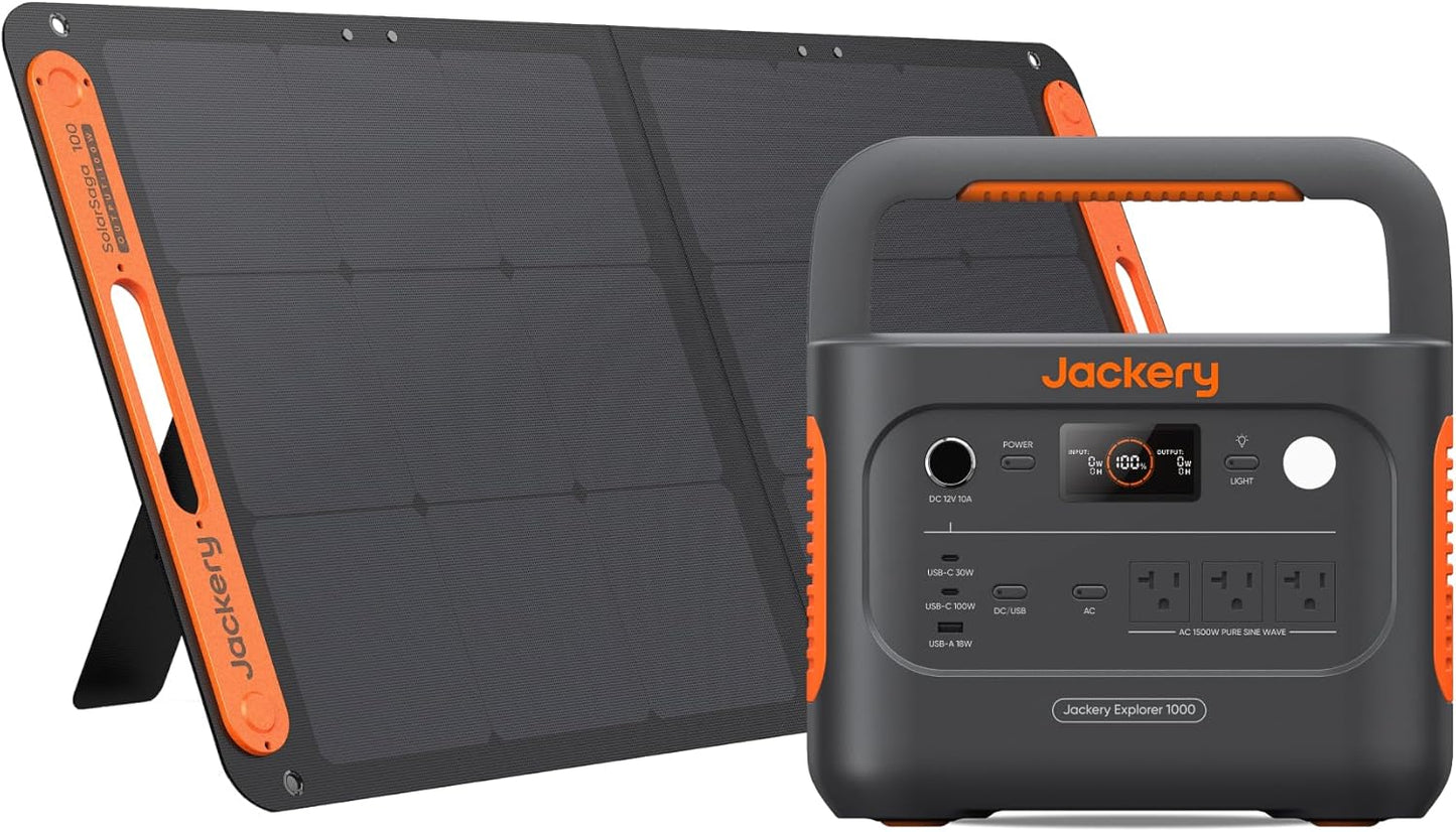 Jackery Solar Generator 1000 v2 with 100W Solar Panel,1070Wh Portable Power Station LiFePO4 Battery,1500W AC/100W USB-C Output,1Hr Fast Charge for Outdoor,Off-Grid Living,RV,Emergency