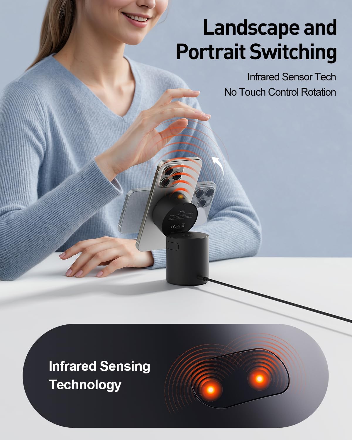 iWALK 3 in 1 Wireless Charging Stand with Auto Rotation, Charging Station with Magnet for Apple Devices, 15W Foldable Wireless Charger Station for iPhone 16 15 14 13 12 & Apple Watch & Airpods, Black