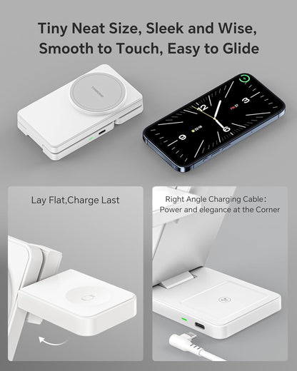 3 in 1 Charging Station for iPhone 16/15/14/13/12 Series, Wireless Charger for Apple Watch，Travel Magnetic Charging Stand for AirPods (White Grey)