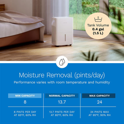 hOmeLabs 8 Pint Wi-Fi Dehumidifier for up to 1,800 Sq Ft Rooms (MAX 24 Pint at 95°F, 90% RH) – Ultra Quiet, Compact Design with Smart Controls and Drain Hose