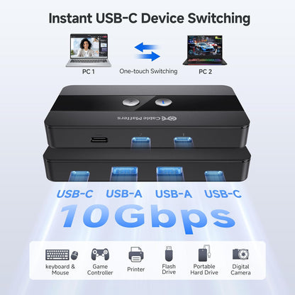 Cable Matters USB C Switch for 2 Computers with Remote Control, 10Gbps Data Transfer, Shares 2X USB-A and 2X USB-C Peripherals (Keyboard, Mouse, Printer, SSD), Data Only - No Video, No Host Charging
