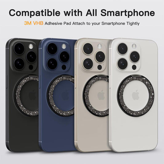 COOLQO 2Pcs 360 Spin Cell Grip Ring Phone Stand [Upgrade Gear Hinge Stress Relief] Magnetic Holders for Your car Accessories Desk Mount Compatible with iPhone All Smartphone, Glitter Black