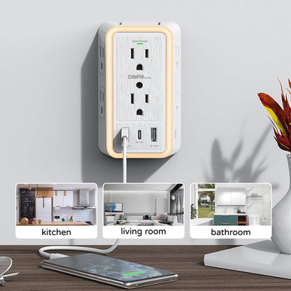 USB Wall Charger Surge Protector, Super Electro 6 Outlet Extender with 3 USB Charging Ports (5V 3.4A Total) and Night Light, 3-Sided 1500J Multi Plug Wall Outlet for Home, Office, ETL Listed
