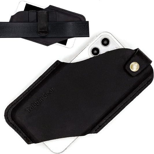 TobbinGear Leather Cell Phone Holster with Belt Clip, Universal Phone Holster for Men Belt Holder, Leather Case for iPhone, Samsung Galaxy Phones, Black, Large