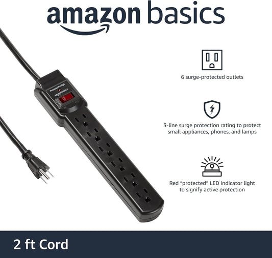 Amazon Basics Surge Protector Power Strip, 6-Outlet with 200J Protection, 2ft Extension Cord, Rectangle, Black (20 Pack)