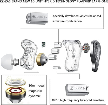 CCA KZ ZAS in Ear Monitor Headphones 16 Units 7BA 1DD Hybrid Drivers HiFi IEM Earphones High Clarity Wired Earbuds for Musicians Singers Audiophile Dj Drummers