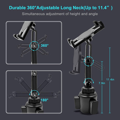 Cup Holder Car Tablet Mount, 360° Adjustable 2-Arm Stand Holder for iPad Pro 12.9/11/10.5/9.7/Air/Mini 6/5/4, Samsung Galaxy Tab/Z Fold 6/5, Amazon Fire HD, iPhone 16/15/14/Pro, 4.7-12.9" Tab & Phone