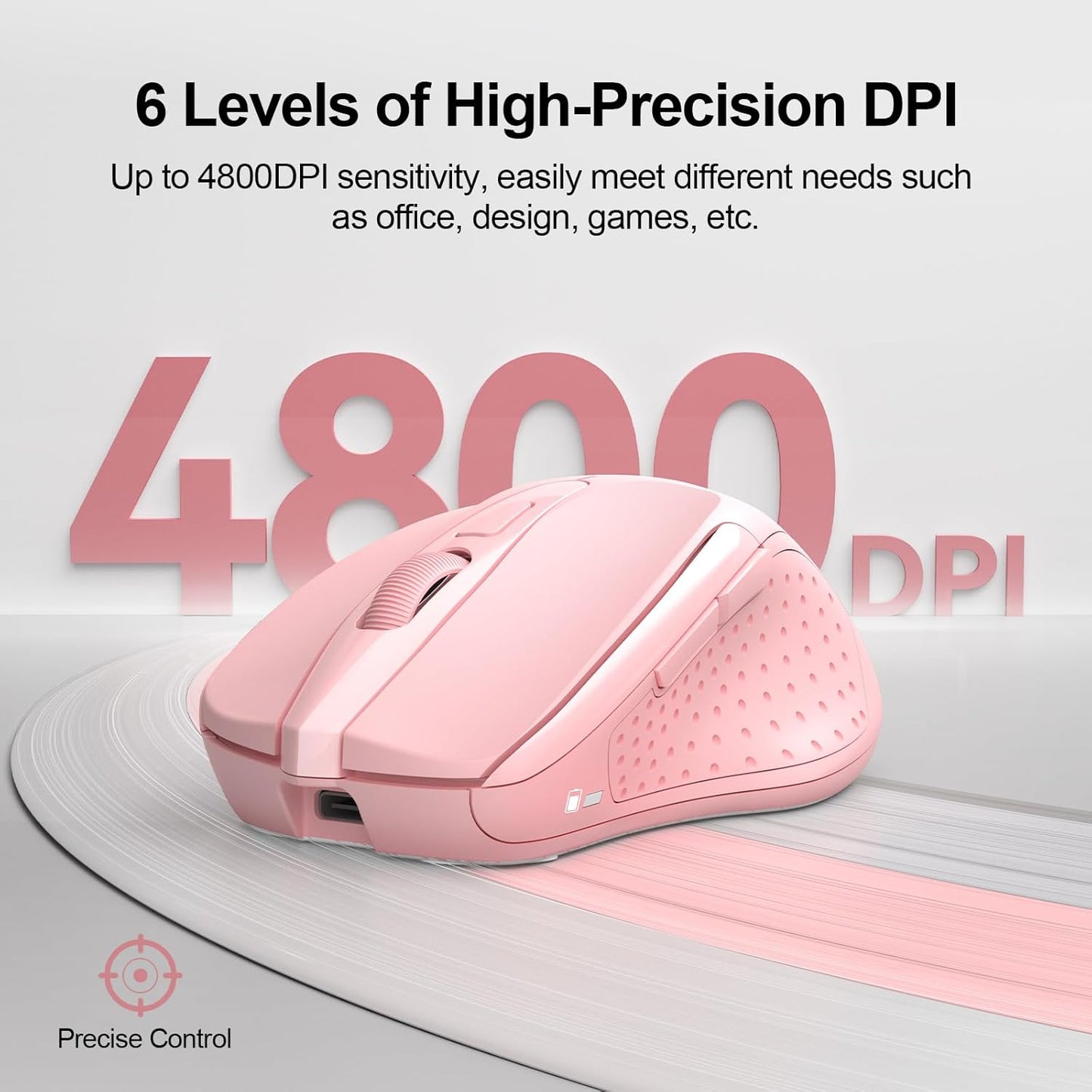 TECKNET Rechargeable Wireless Mouse, 2.4G Silent Mouse, Quiet Click, 6 Adjustable 4800 DPI, Cordless Computer Mouse, Ergonomic Mouse for Laptop, 6 Buttons USB-A Mouse for Chromebook, Ergo Grip - Pink