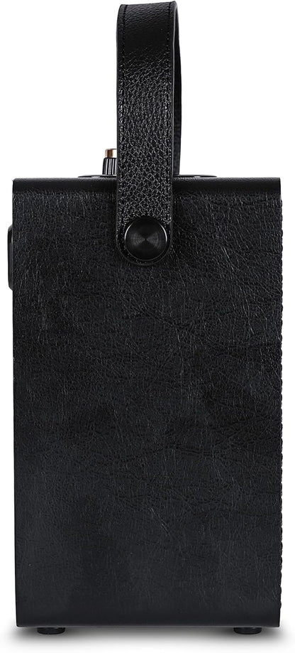 Fuse Andle Vintage Retro Bluetooth Speaker with Vegan Leather Handle | Portable Speaker with Smartphone Connection | USB & AUX Input | Stylish Black Wood Exterior