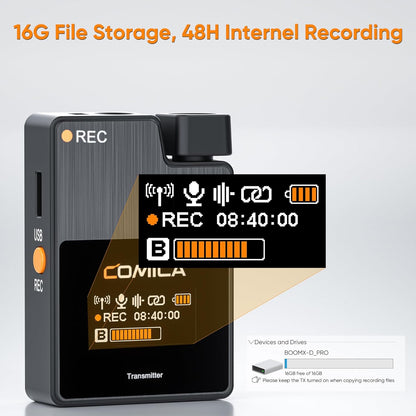 COMICA BoomX-D1 PRO Wireless Lavalier Microphone, 16GB Storage, Safety Audio Track, Noise Cancellation, 328' Range, Wireless Lav Mic for iPhone, Android, PC Interviews, Vlogs, Live-Streaming(1TX+1RX)