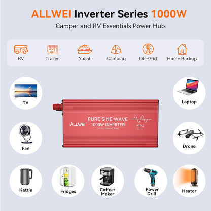 ALLWEI Pure Sine Wave Inverter - 1000 Watt Inverters 12V DC to 110V/120V AC Converter for Home, RV, Truck, Off-Grid Solar, Car Power Inverter with 2 Sockets, Power Inverters for Vehicles, 2000W Peak
