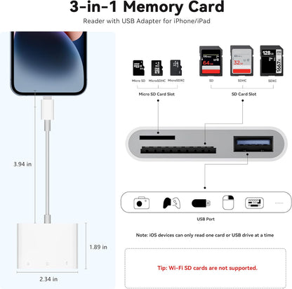 SD Card Reader for iPhone iPad, Micro SD Card Reader Memory Card Reader with USB Adapter Plug and Play Trail Game Camera Card Viewer Supports SD and TF Card No App Required