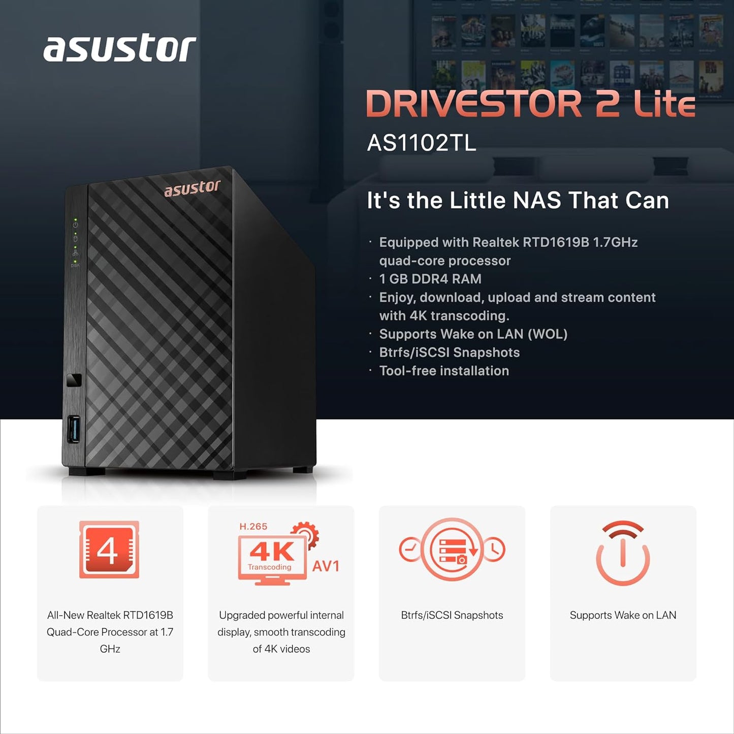 Asustor Drivestor 2 Lite AS1102TL, 2 Bay NAS, 1.7GHz Quad Core, 1GbE Port, 1GB RAM DDR4, Personal Private Cloud, Backup for Home & Small Office, Network Attached Storage(Diskless)