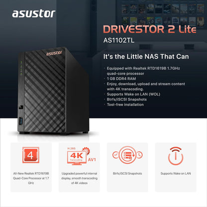 Asustor Drivestor 2 Lite AS1102TL, 2 Bay NAS, 1.7GHz Quad Core, 1GbE Port, 1GB RAM DDR4, Personal Private Cloud, Backup for Home & Small Office, Network Attached Storage(Diskless)