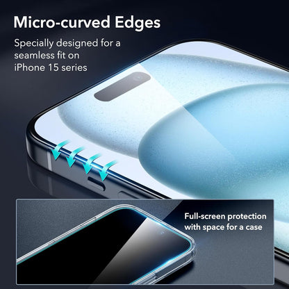 ESR 3+2 Pack for iPhone 15 Plus Screen Protector, 3 Black Edge Tempered-Glass Film and 2 Set Camera Lens Protector, 2.5D Curved Edges, Full-Coverage Military-Grade Protection, Scratch Resistant
