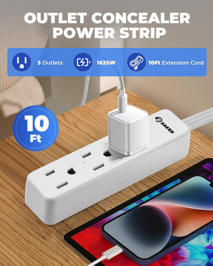 Saker Outlet Concealer Power Strip | 10ft Flat Plug Extension Cord with 3 Outlets,1625W | Universal Size Baby Proof Outlet Cover Extension Cord for Kitchen, Home and Office(10ft)