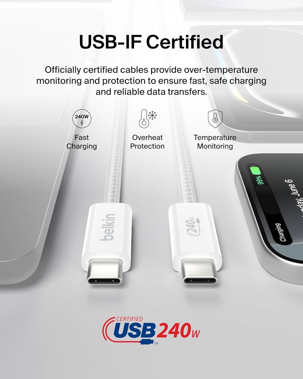 Belkin USB C to USB C Cable 2-Pack, 6.6ft, 240W - Type C Charger, iPhone Charger Cord, Soft, Braided, Flexible for iPhone 17, Galaxy S25, Pixel 10, MacBook, Chromebook, iPad Pro, Switch – White