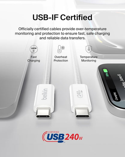Belkin USB C to USB C Cable, 9.9ft, 240W - Type C Charger, iPhone Charger Cord, Soft, Braided, Flexible for iPhone 17, Galaxy S25, Pixel 10, MacBook, Chromebook, iPad Pro, Switch Steam Deck – White