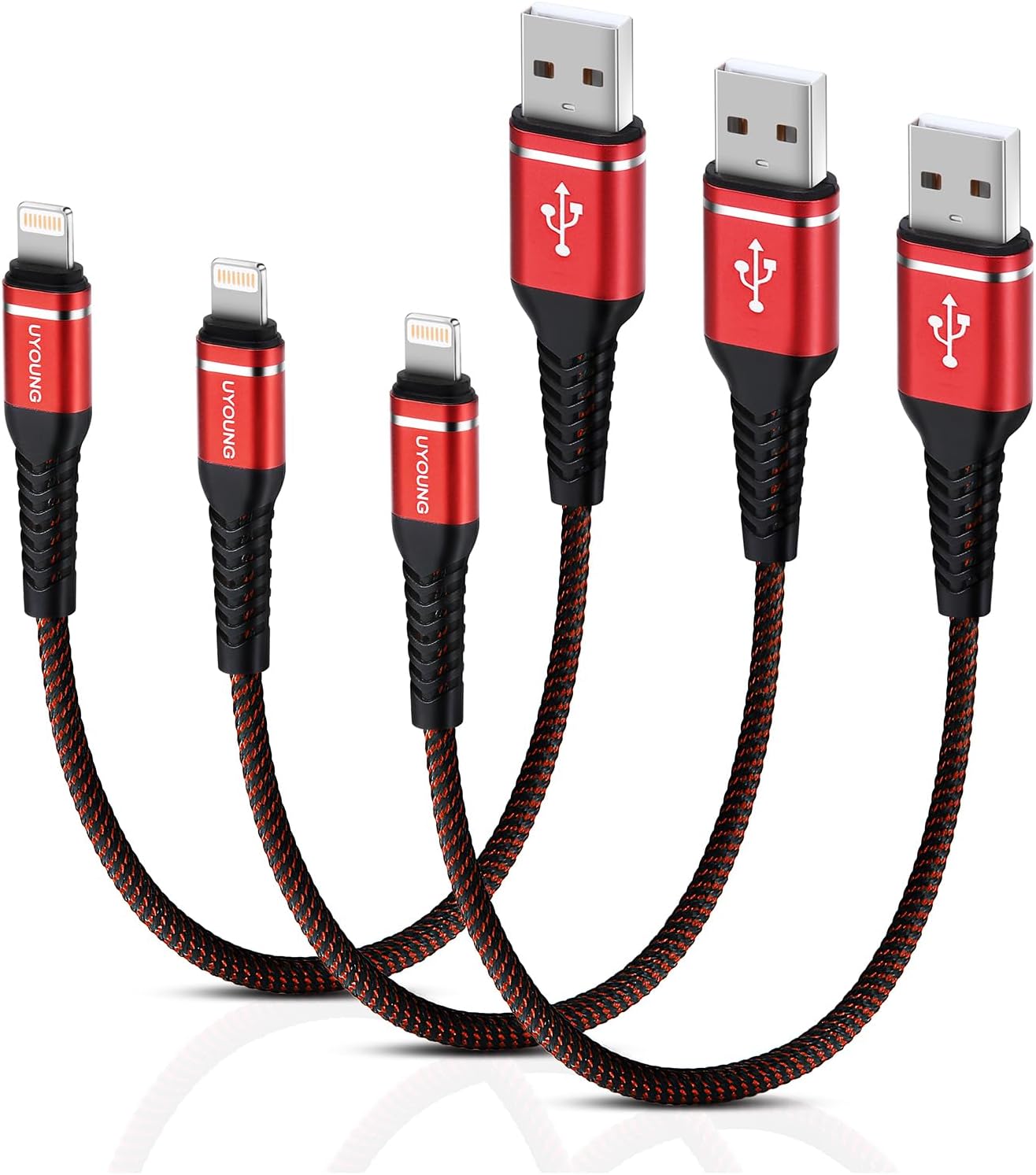 Short iPhone Charger 1FT 3Pack [Apple MFi Certified] USB to Lightning Cable Nylon Braided Heavy Duty Fast Charging Cord Compatible with iPhone 14/13/12/11/SE/X/XS/XR/8/7/6/6S/iPad - Red
