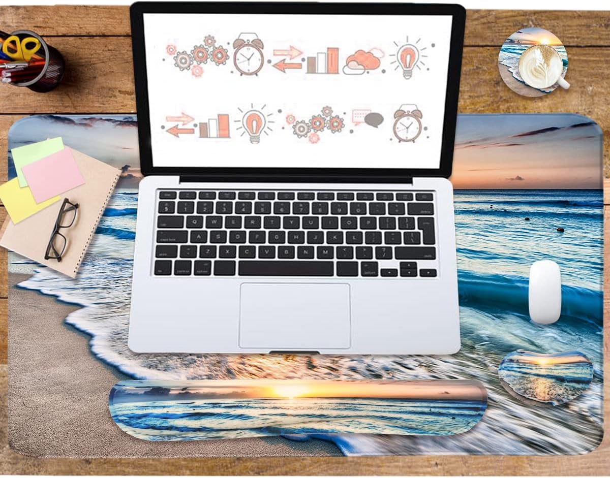 4-in-1 Large Gaming Mouse Pad, Keyboard Wrist Rest Pad & Wrist Support Mousepad Set, Extended Desk Pad Waterproof Desk Mat for Home Office Study Game-Beach