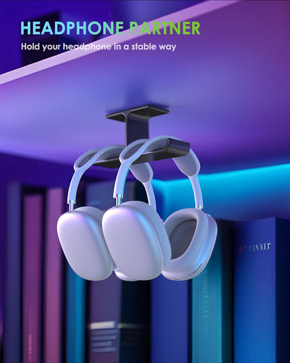 All Aluminum Headset & Headphone Stand Hanger Under Desk Headphone Holder Hook with Strong Adhesive & Screws, Desk Accessories for PC Gaming Headset Holder Mount, Office Table Shelf Storage,Bag Hooks