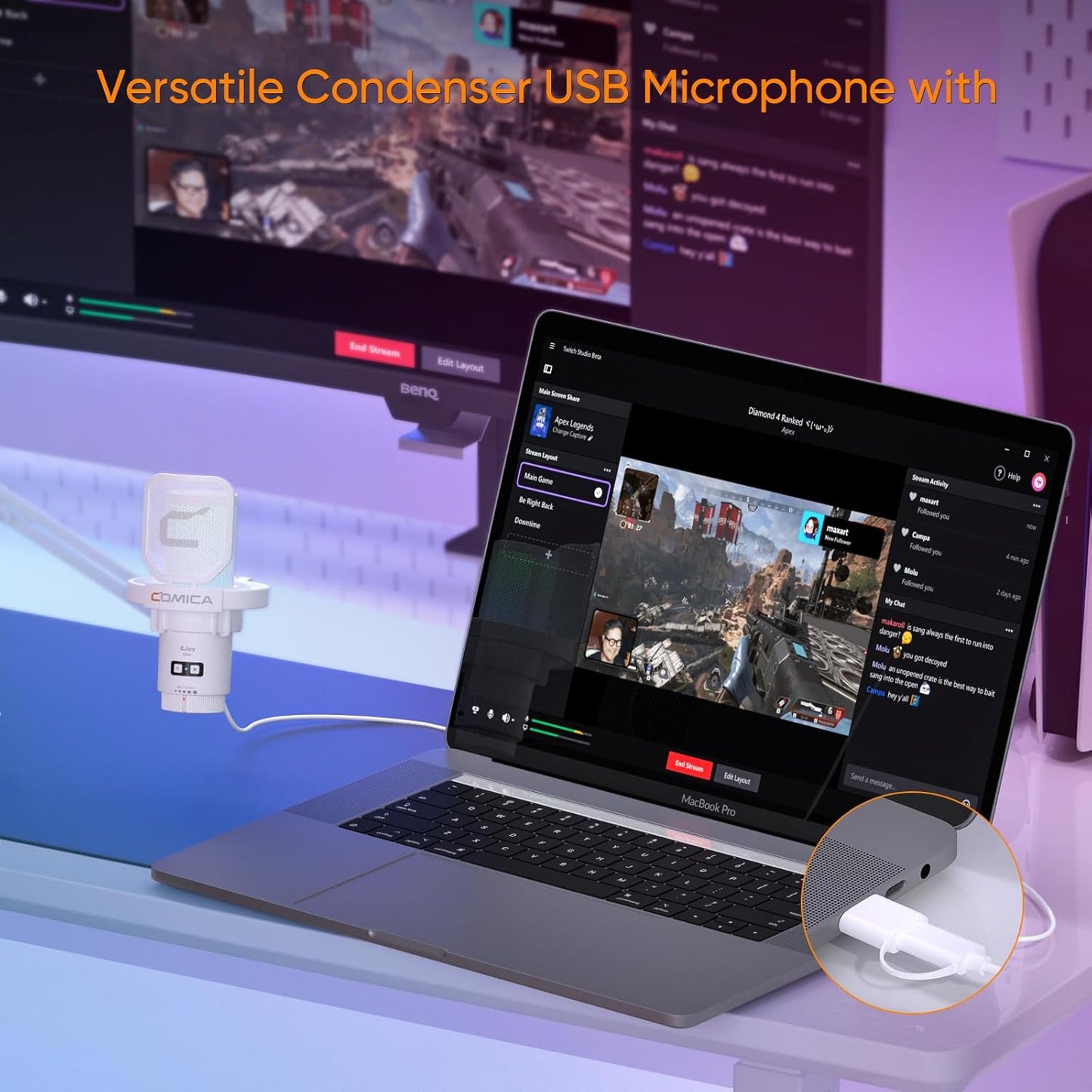 COMICA EJoy Uni USB Microphone for PC Gaming, Streaming, Podcast, YouTube, with Noise Cancellation, Mute, Gain, Monitoring - Condenser Mic for PS5, PS4, Mac, Computer (Boom Arm Mic) - White