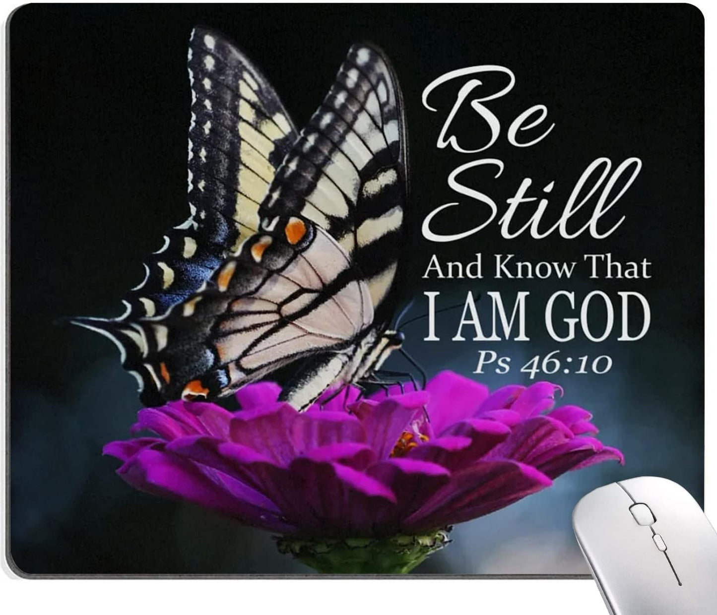 Hokafenle Mouse Pad, Butterfly Mouse Pad with Inspirational Quote Design, Square Waterproof Cloth Mouse Mat Non-Slip Rubber Base Computer MousePads for Office Laptop, Psalm 46:10
