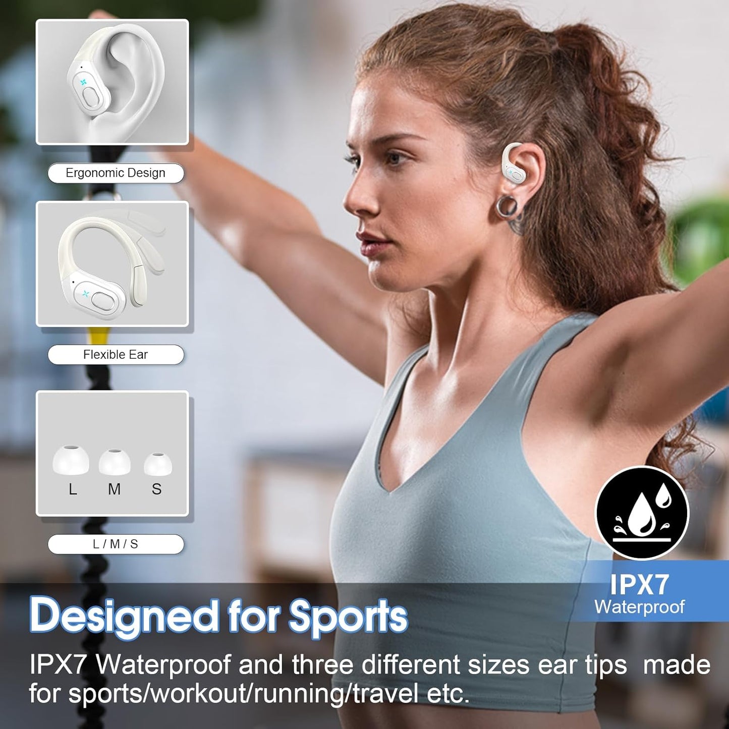 Wireless Earbuds 75hrs Bluetooth 5.4 Headphone Sport, 2025 Bluetooth Earbuds Stereo Deep Bass Over Ear Bud with Earhooks, ENC Noise Cancelling Mic, IPX7 Waterproof Earphone White