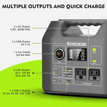 EnginStar Solar Generator, 300W Portable Power Station, 296Wh Lithium Battery Backup w/Two 110V Pure Sine Wave AC Outlet for Camping Road Trip RV, 80000mAh Sufficient Power Supply for Blackout