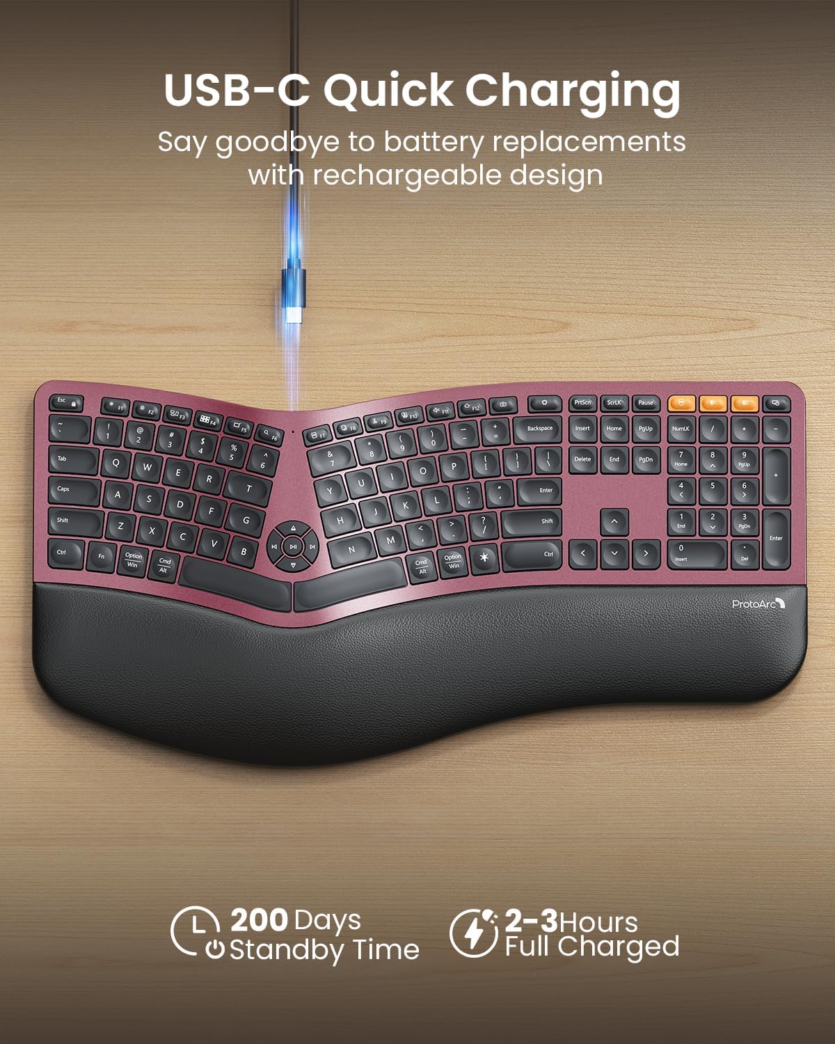 ProtoArc Backlit Bluetooth Ergonomic Keyboard, EK01 Plus Full Size Wireless Split Keyboard with Dual Bluetooth and USB, Cushioned Wrist Rest, Rechargeable, Compatible with Windows/Mac, Wine Red