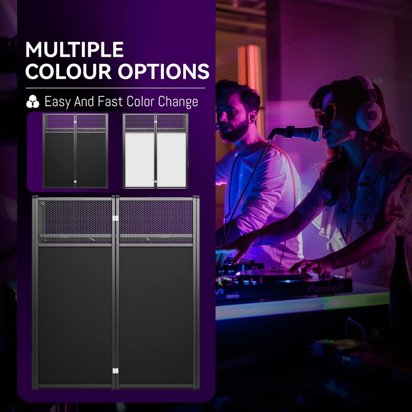 Portable DJ Booth Table,Foldable DJ Table Stand with White & Black Scrim,Adjustable DJ Facade Booth Station Metal Frame with Cable Hole for Private Events, Clubs, Bars (40x20 Double Deck)