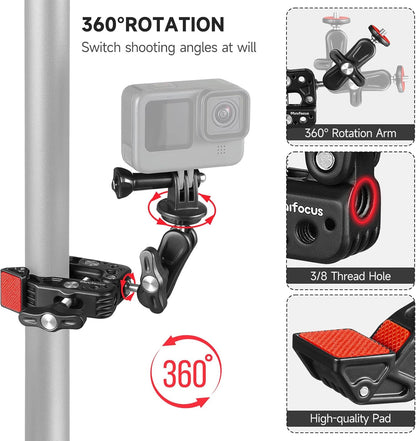 MINIFOCUS Super Clamp Camera Clamp Mount, 360° Ballhead Magic Arm with 1/4" 3/8" Port Extension Holder Adapter, Double Ball Head Adapter for Canon Nikon DSLR GoPro Action Camera Video Light