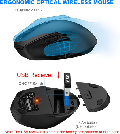 Wireless Keyboard and Mouse Combo, EDJO 2.4G Full-Sized Ergonomic Computer Keyboard with Wrist Rest and 3 Level DPI Adjustable Wireless Mouse for Windows, Mac OS Desktop/Laptop/PC（Classic Black）