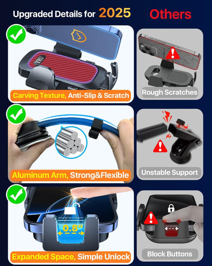 YRU [2025 Ultimate Car Phone Holder [Bendable & Adjustable Aluminum Arm] Cell Phone Automobile Cradles Dashboard Windshield Pickup Truck Phone Mount for iPhone 16 15 14 13 Pro Max Samsung,Tomato Red